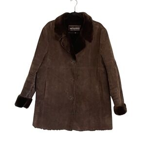 Wilsons The Leather Experts Womens XL Brown Suede Faux Fur Lined Car Coat Jacket